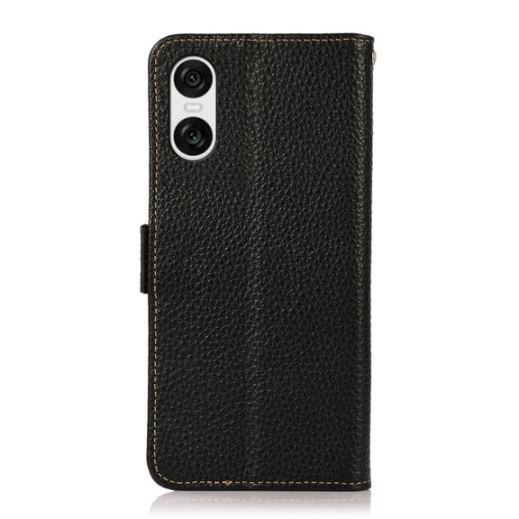 For Sony Xperia 10 VI KHAZNEH Side-Magnetic Litchi Genuine Leather RFID Case(Black)