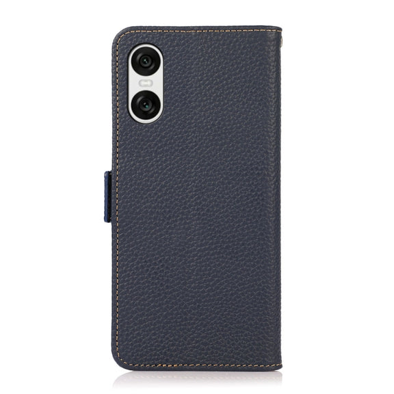 For Sony Xperia 10 VI KHAZNEH Side-Magnetic Litchi Genuine Leather RFID Case(Blue)