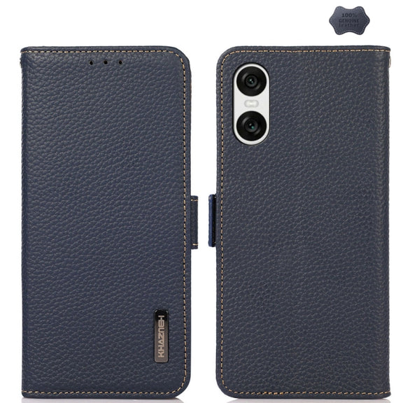 For Sony Xperia 10 VI KHAZNEH Side-Magnetic Litchi Genuine Leather RFID Case(Blue)