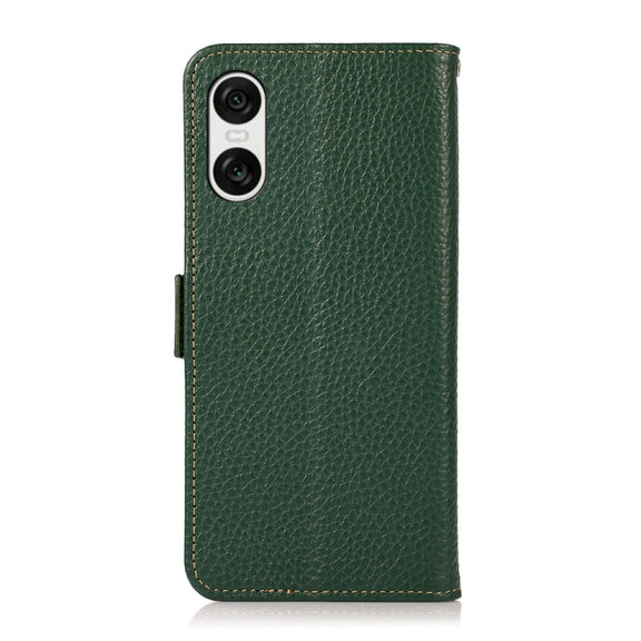 For Sony Xperia 10 VI KHAZNEH Side-Magnetic Litchi Genuine Leather RFID Case(Green)