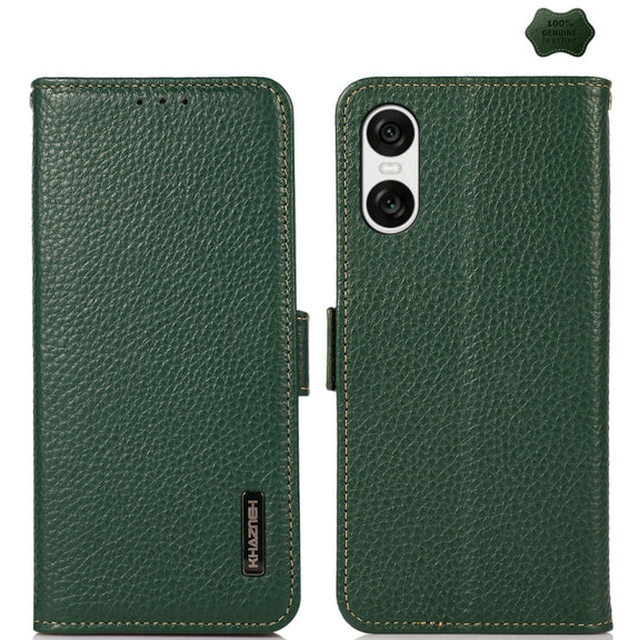 For Sony Xperia 10 VI KHAZNEH Side-Magnetic Litchi Genuine Leather RFID Case(Green)