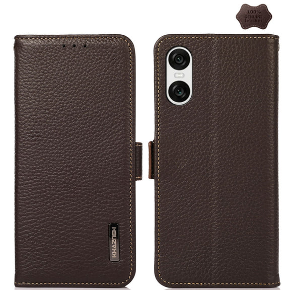 For Sony Xperia 10 VI KHAZNEH Side-Magnetic Litchi Genuine Leather RFID Case(Brown)