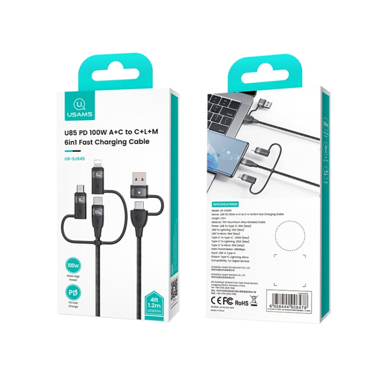 USAMS US-SJ645 U85 1.2m PD100W 6 in 1 Alloy Multifunctional Fast Charging Cable(Purple)