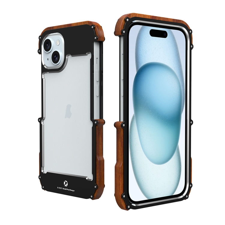 For iPhone 15 R-JUST Ironwood Generation Metal Hybrid Wood Phone Case