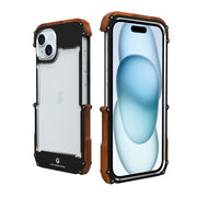 For iPhone 15 R-JUST Ironwood Generation Metal Hybrid Wood Phone Case