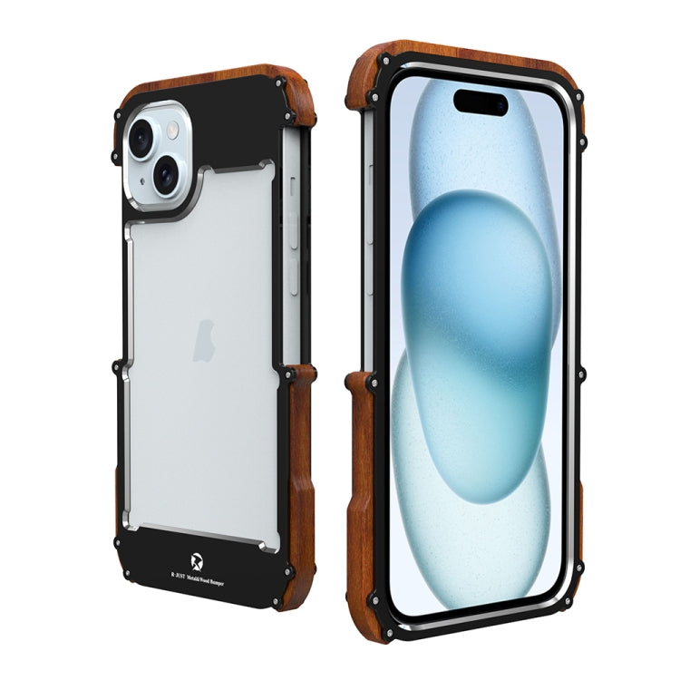 For iPhone 15 Plus R-JUST Ironwood Generation Metal Hybrid Wood Phone Case