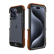 For iPhone 15 Pro R-JUST Ironwood Generation Metal Hybrid Wood Phone Case