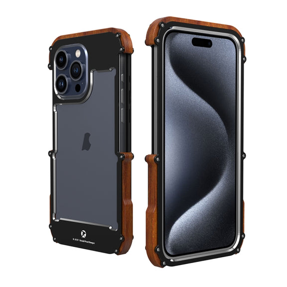 For iPhone 15 Pro R-JUST Ironwood Generation Metal Hybrid Wood Phone Case