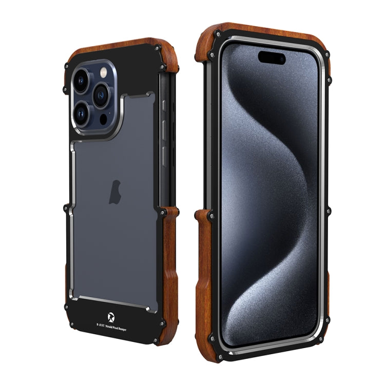 For iPhone 15 Pro Max R-JUST Ironwood Generation Metal Hybrid Wood Phone Case
