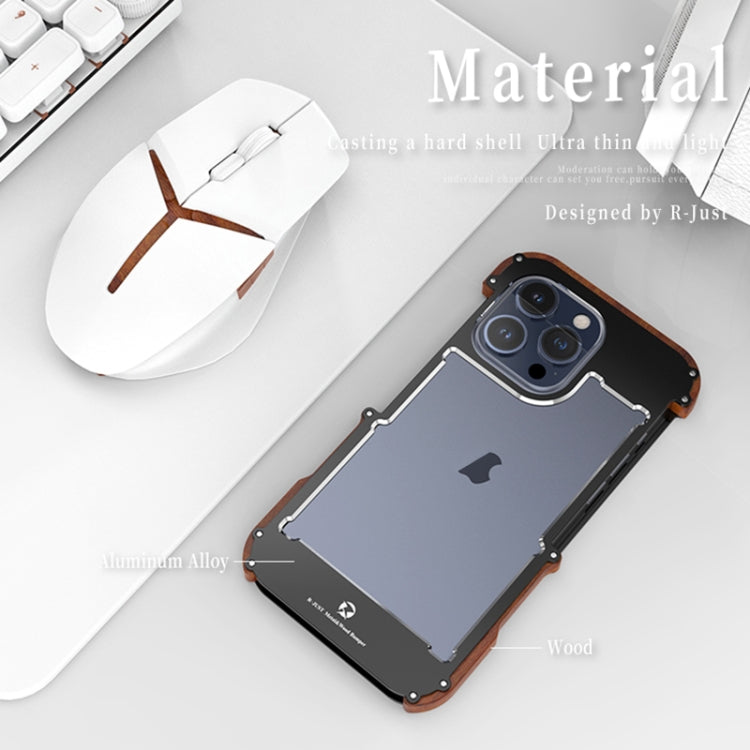 For iPhone 16 R-JUST Ironwood Generation Metal Hybrid Wood Phone Case