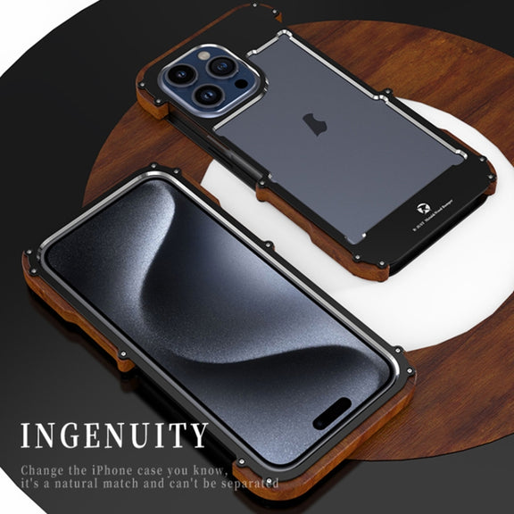 For iPhone 15 R-JUST Ironwood Generation Metal Hybrid Wood Phone Case