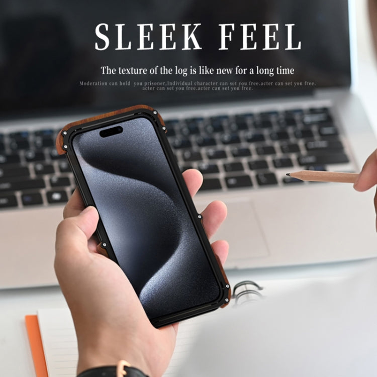 For iPhone 15 Pro Max R-JUST Ironwood Generation Metal Hybrid Wood Phone Case