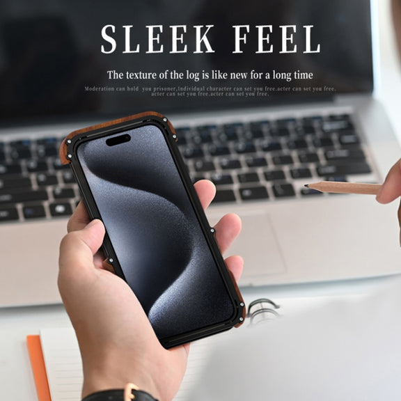 For iPhone 15 Plus R-JUST Ironwood Generation Metal Hybrid Wood Phone Case
