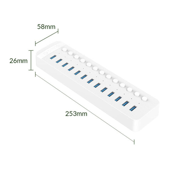 ORICO CT2U3-13AB Plastic Stripes 13 Ports USB 3.0 HUB with Individual Switches, Plug:AU Plug(White)