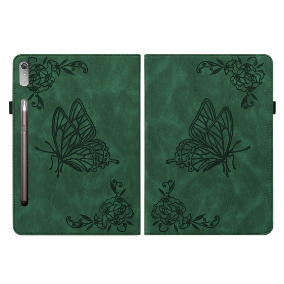 For Lenovo Tab P12 Butterfly Flower Embossed Leather Tablet Case(Green)