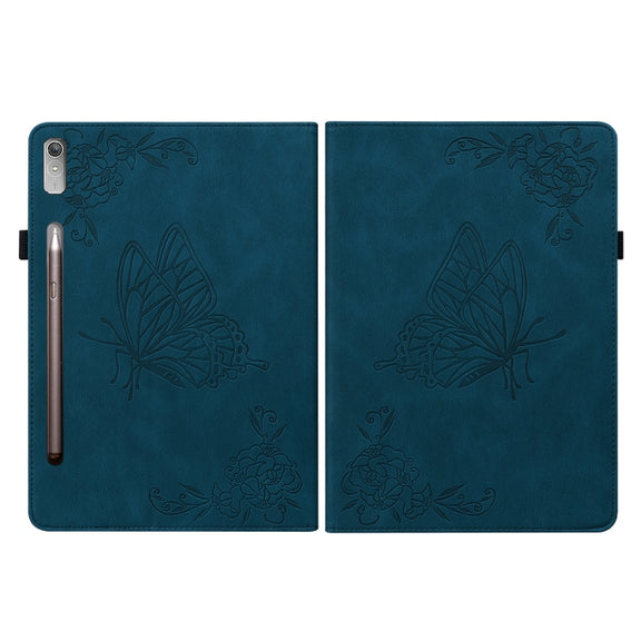 For Lenovo Tab P12 Butterfly Flower Embossed Leather Tablet Case(Blue)