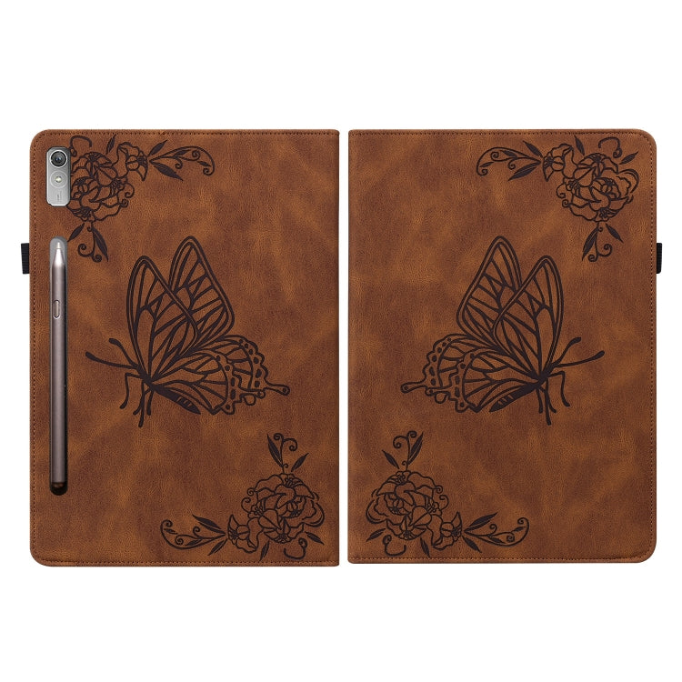 For Lenovo Tab P12 Butterfly Flower Embossed Leather Tablet Case(Brown)
