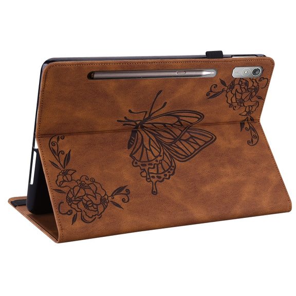 For Lenovo Tab P12 Butterfly Flower Embossed Leather Tablet Case(Brown)