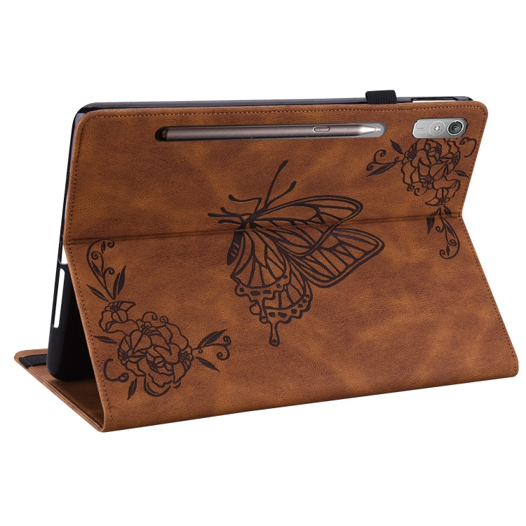 For Lenovo Tab P12 Butterfly Flower Embossed Leather Tablet Case(Brown)