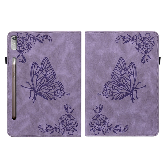 For Lenovo Tab P12 Butterfly Flower Embossed Leather Tablet Case(Purple)