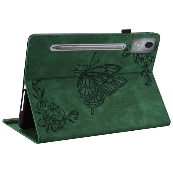 For Lenovo Tab P12 Pro 12.7 2025 Butterfly Flower Embossed Leather Tablet Case(Green)