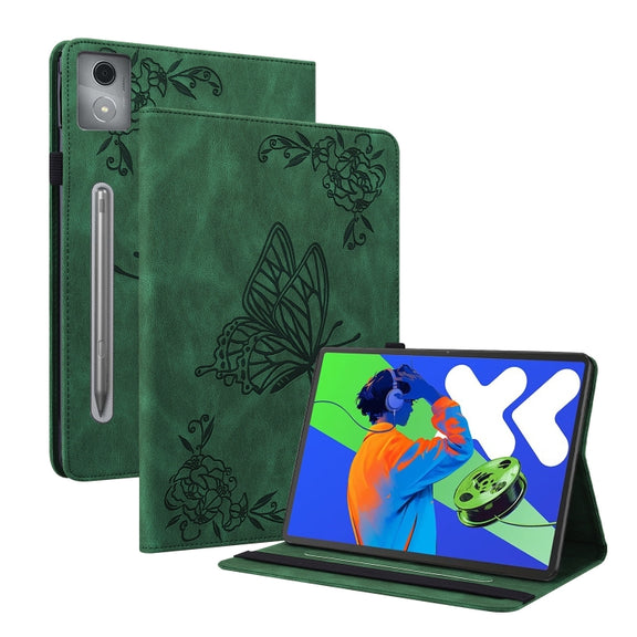 For Lenovo Tab P12 Pro 12.7 2025 Butterfly Flower Embossed Leather Tablet Case(Green)