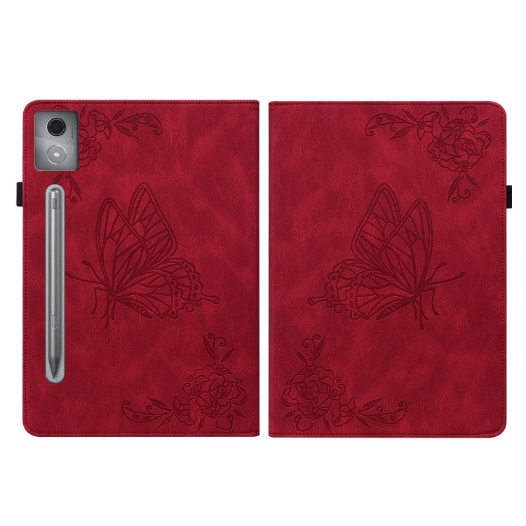 For Lenovo Tab P12 Pro 12.7 2025 Butterfly Flower Embossed Leather Tablet Case(Red)