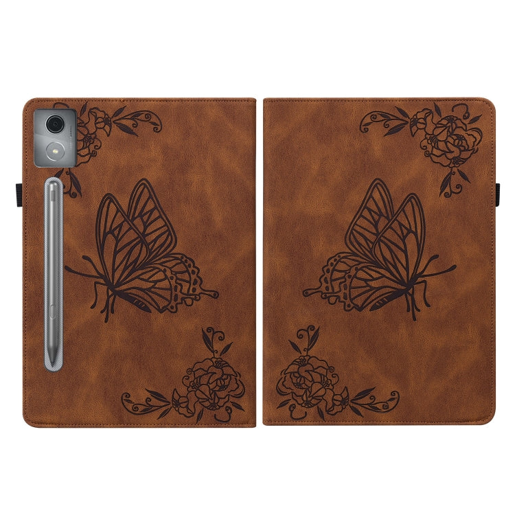 For Lenovo Tab P12 Pro 12.7 2025 Butterfly Flower Embossed Leather Tablet Case(Brown)