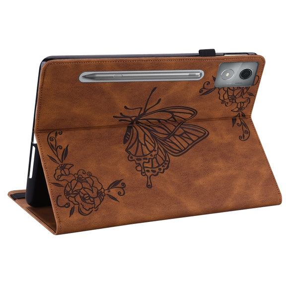 For Lenovo Tab P12 Pro 12.7 2025 Butterfly Flower Embossed Leather Tablet Case(Brown)