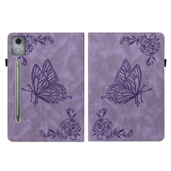 For Lenovo Tab P12 Pro 12.7 2025 Butterfly Flower Embossed Leather Tablet Case(Purple)