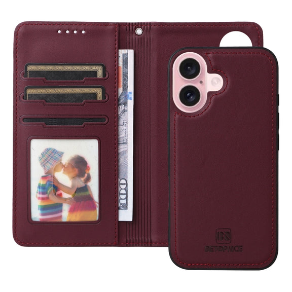 For iPhone 16 BETOPNICE BN-005 2 in 1 Detachable Imitate Genuine Leather Phone Case(Wine Red)