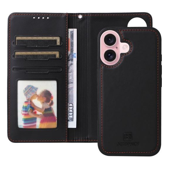 For iPhone 16 Plus BETOPNICE BN-005 2 in 1 Detachable Imitate Genuine Leather Phone Case(Black)