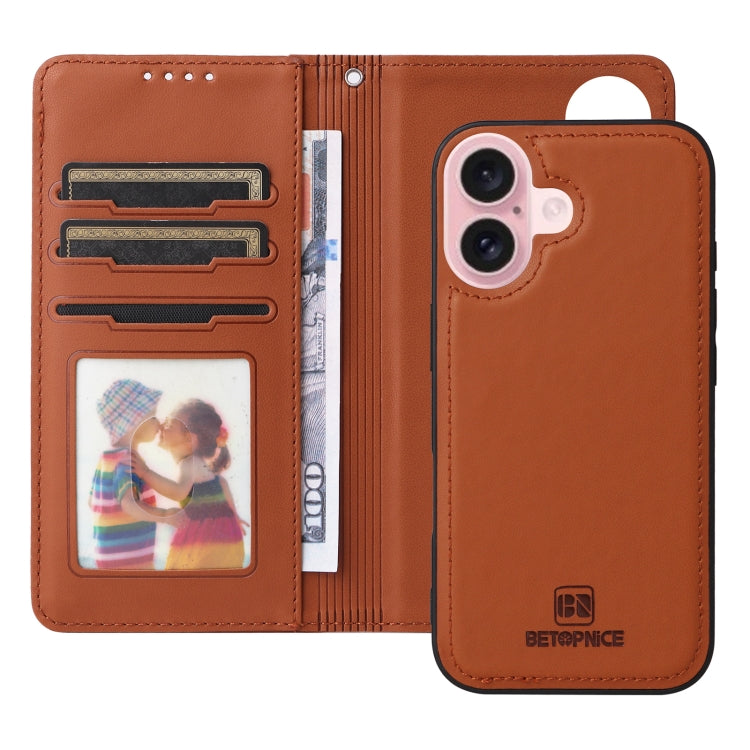 For iPhone 16 Plus BETOPNICE BN-005 2 in 1 Detachable Imitate Genuine Leather Phone Case(Brown)