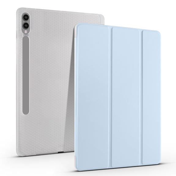 For Samsung Galaxy Tab S10+ / S9+ 3-folding Transparent TPU Smart Leather Tablet Case with Pen Slot(Ice Blue)