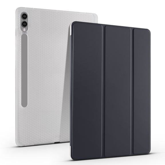 For Samsung Galaxy Tab S10+ / S9+ 3-folding Transparent TPU Smart Leather Tablet Case with Pen Slot(Black)