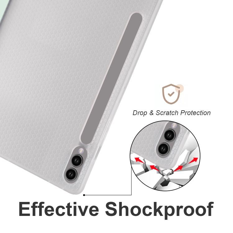 For Samsung Galaxy Tab S10+ / S9+ 3-folding Transparent TPU Smart Leather Tablet Case with Pen Slot(Light Green)