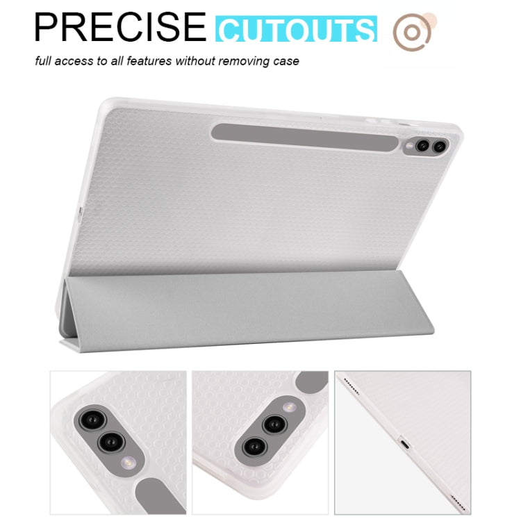 For Samsung Galaxy Tab S10+ / S9+ 3-folding Transparent TPU Smart Leather Tablet Case with Pen Slot(Grey)