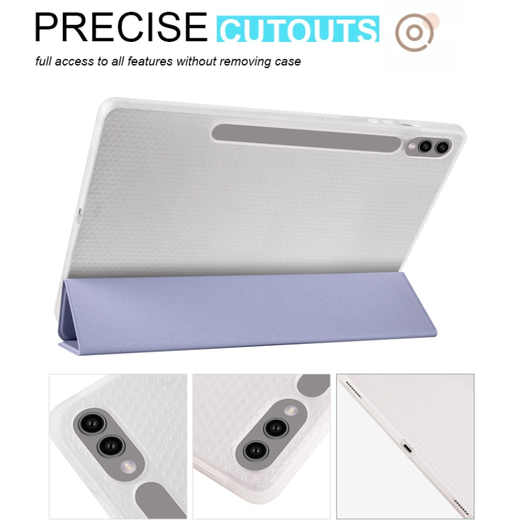 For Samsung Galaxy Tab S10+ / S9+ 3-folding Transparent TPU Smart Leather Tablet Case with Pen Slot(Lavender)