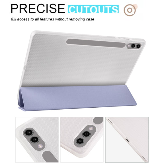 For Samsung Galaxy Tab S10+ / S9+ 3-folding Transparent TPU Smart Leather Tablet Case with Pen Slot(Lavender)