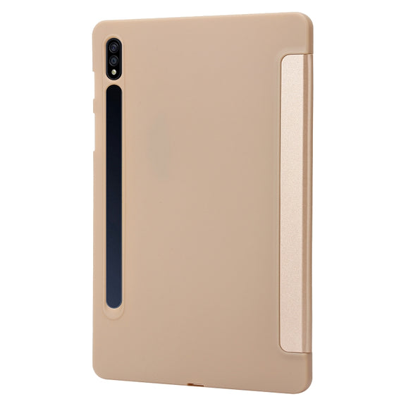 For Samsung Galaxy Tab S9 3-Fold Holder Silicone Leather Tablet Case(Gold)