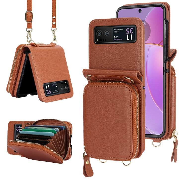 For Motorola Razr 40 Long and Short Lanyard Zipper Card Slot Foldable Phone Case(Brown)