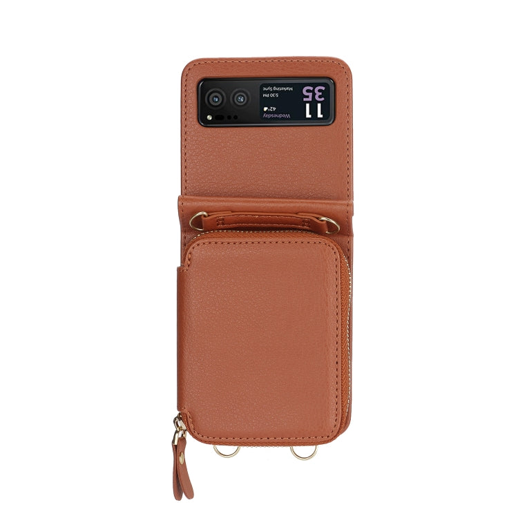For Motorola Razr 40 Long and Short Lanyard Zipper Card Slot Foldable Phone Case(Brown)