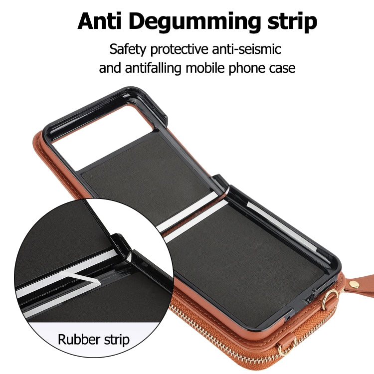 For Motorola Razr 40 Long and Short Lanyard Zipper Card Slot Foldable Phone Case(Brown)