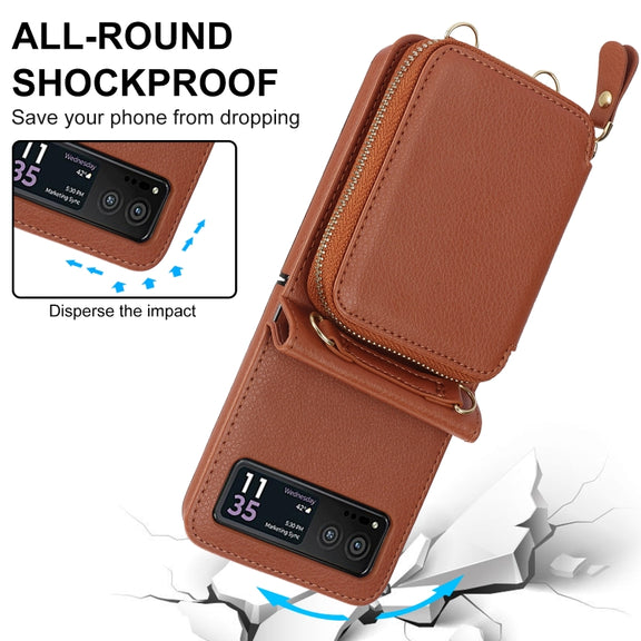 For Motorola Razr 40 Long and Short Lanyard Zipper Card Slot Foldable Phone Case(Brown)
