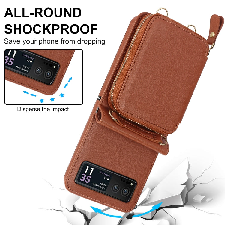 For Motorola Razr 40 Long and Short Lanyard Zipper Card Slot Foldable Phone Case(Brown)