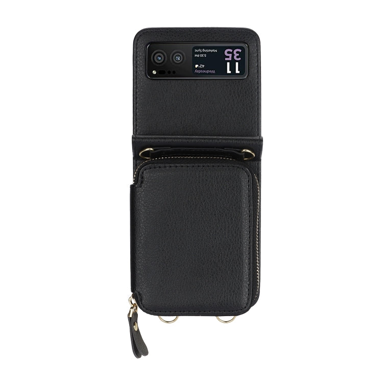 For Motorola Razr 40 Long and Short Lanyard Zipper Card Slot Foldable Phone Case(Black)
