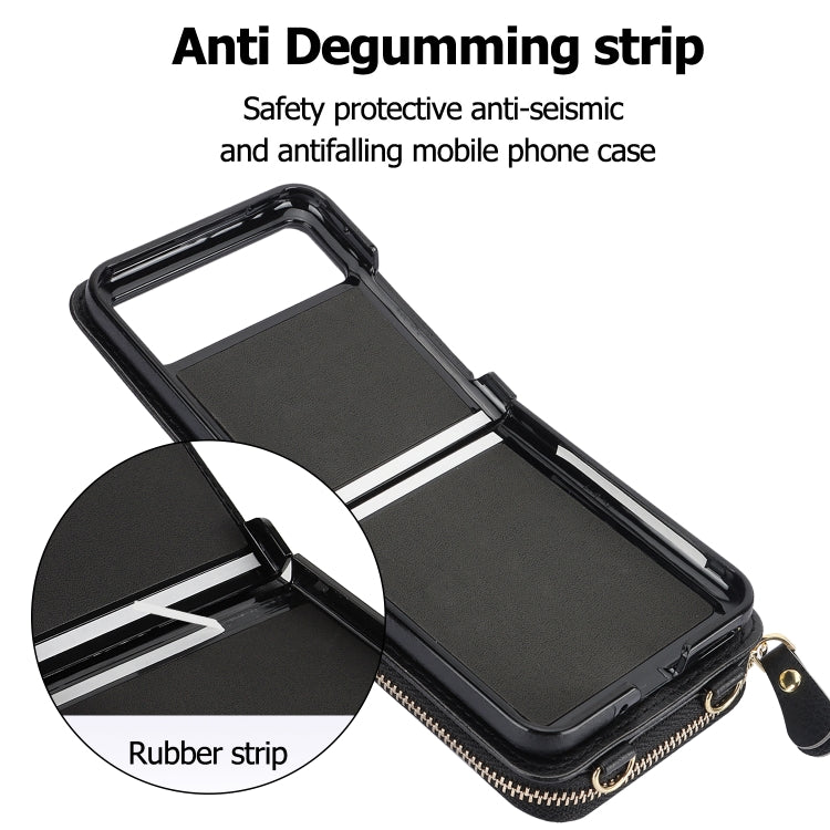 For Motorola Razr 40 Long and Short Lanyard Zipper Card Slot Foldable Phone Case(Black)