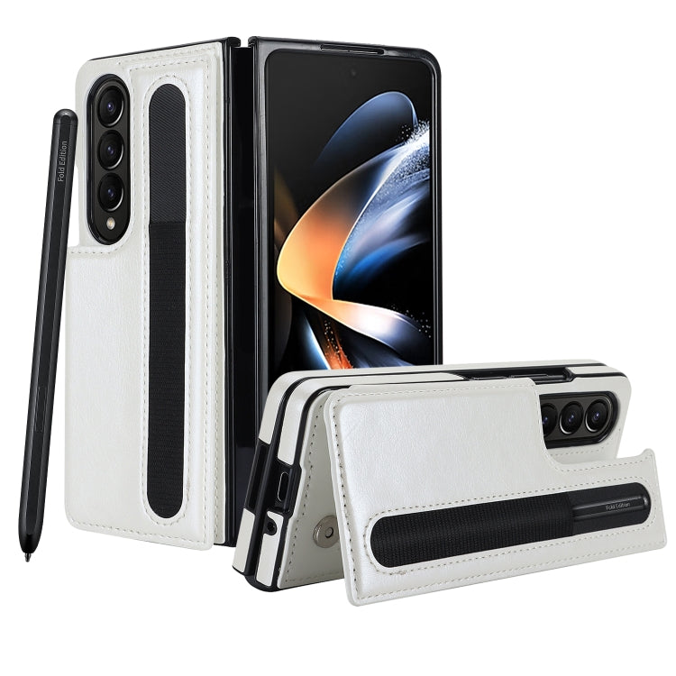 For Samsung Galaxy Z Fold4 Double Buckle Card Slot Foldable Phone Case with Pen Slot(White)