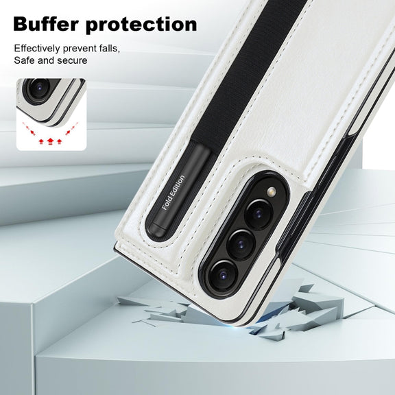 For Samsung Galaxy Z Fold4 Double Buckle Card Slot Foldable Phone Case with Pen Slot(White)