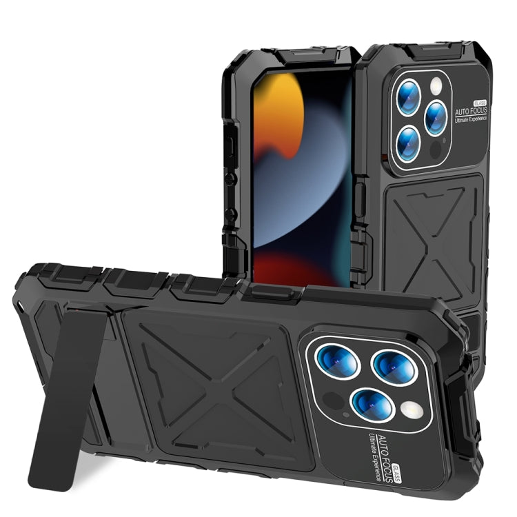 For iPhone 15 Pro Max R-JUST Metal + Silicone + Tempered Glass Life Water-resistant Phone Case with Holder(Black)